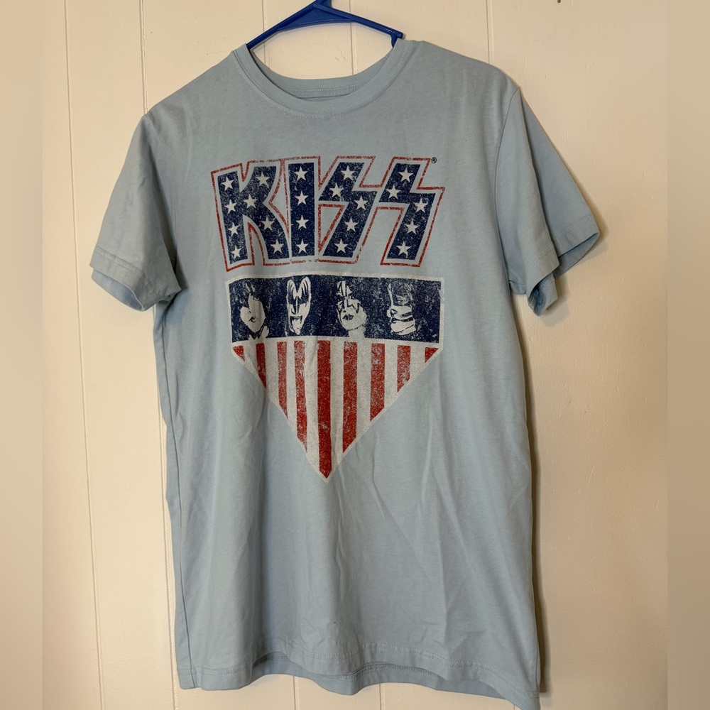 KISS‎ Graphic Band Tee American Flag Distressed Print Light Blue Size Medium